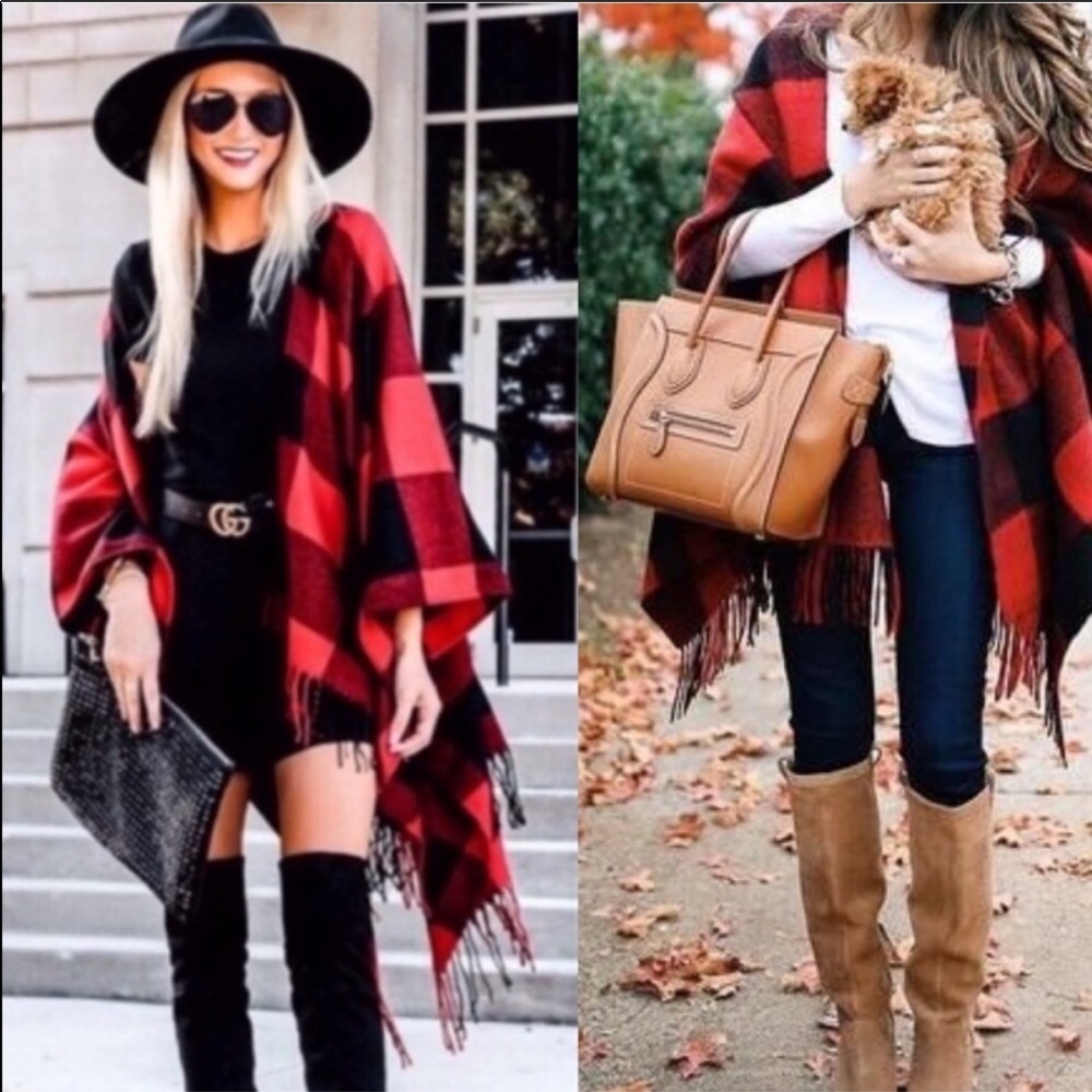 Buffalo Plaid check Poncho Scarf Wrap Shawl - Picture 3 of 5